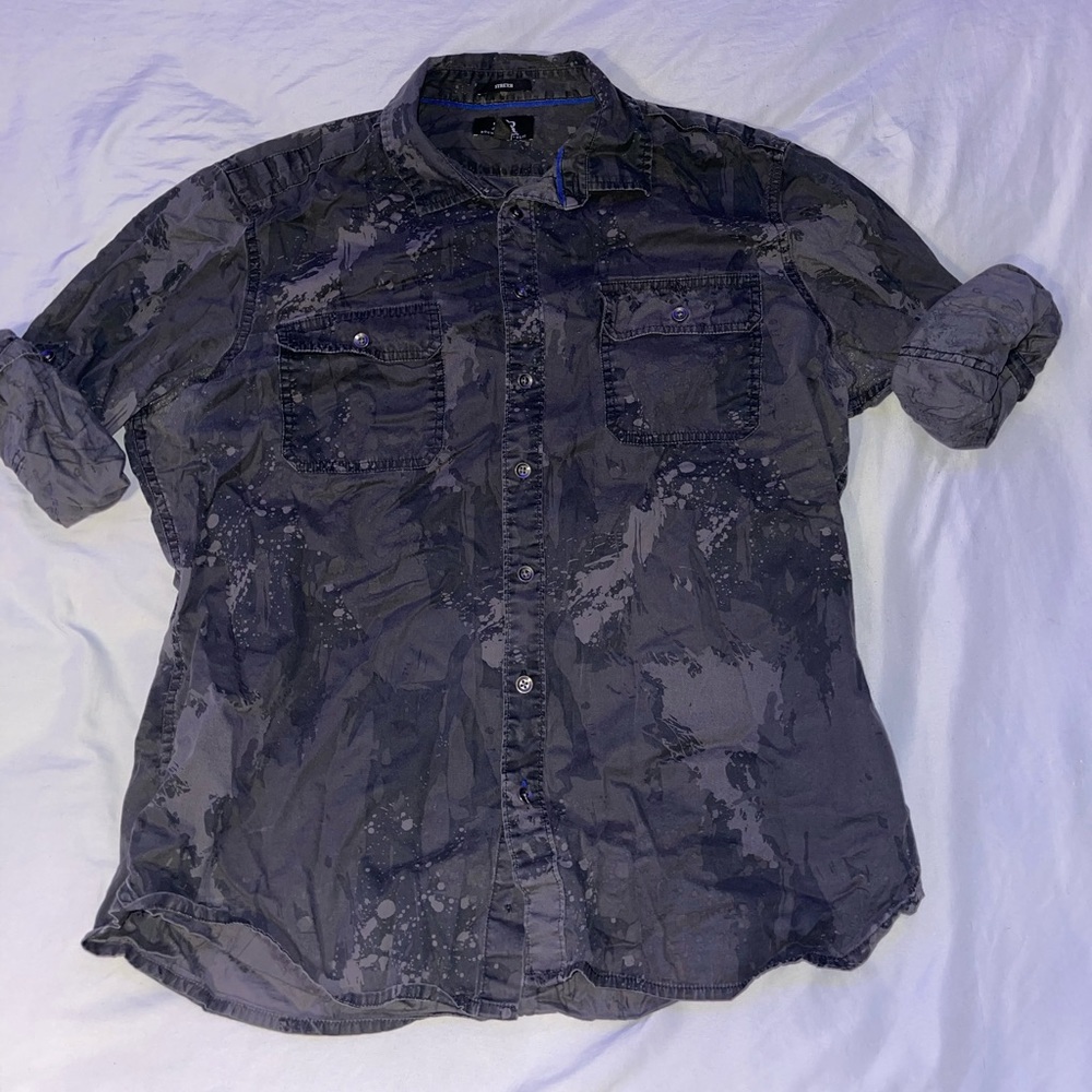 Rock and Republic Black Paint Splatter Rolled Sleeve Button Up